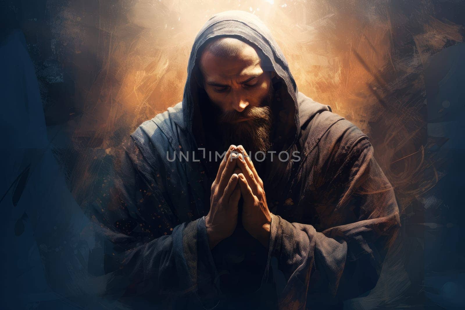 Man pray portrait in morning. Spiritual work. Generate Ai