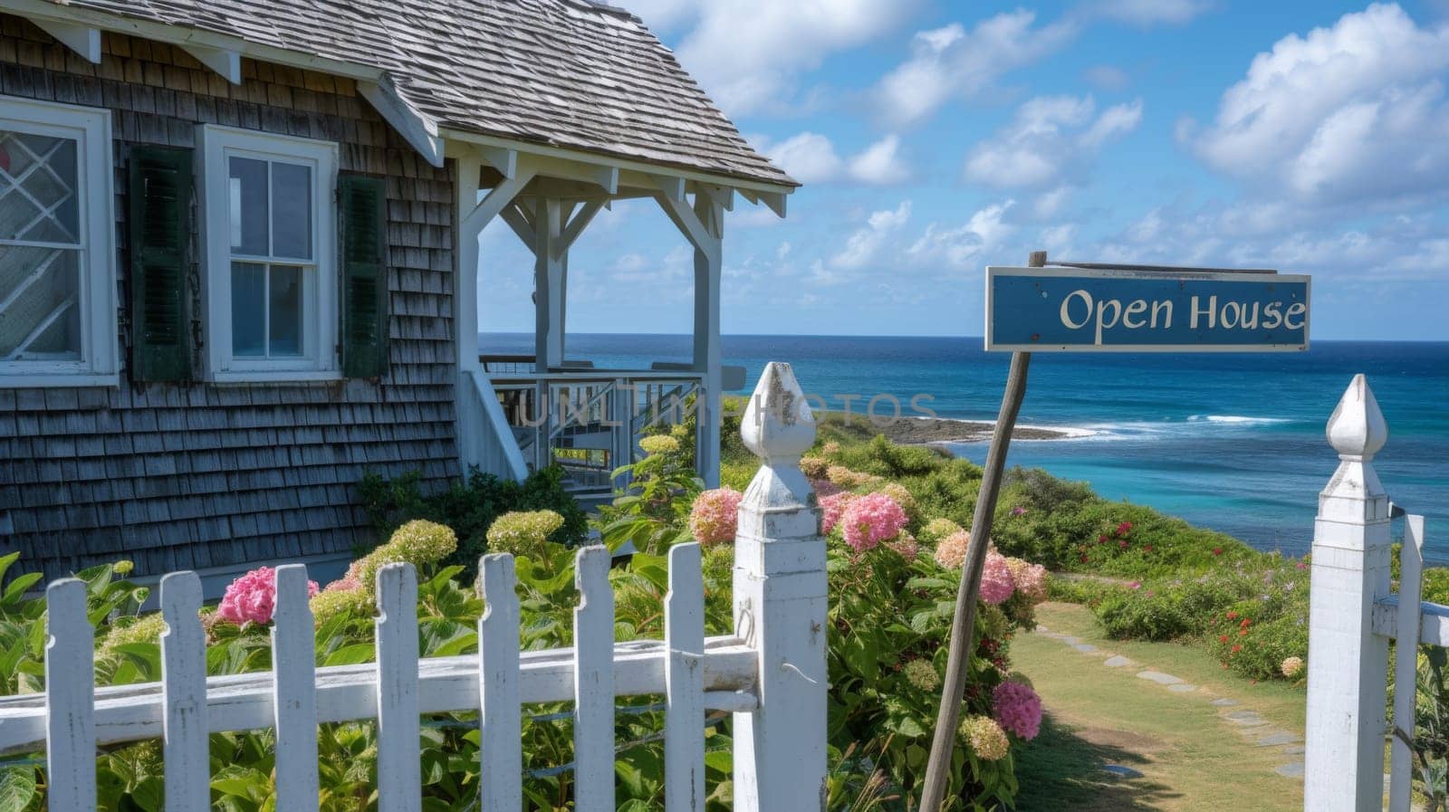 A house with a white picket fence and open sign