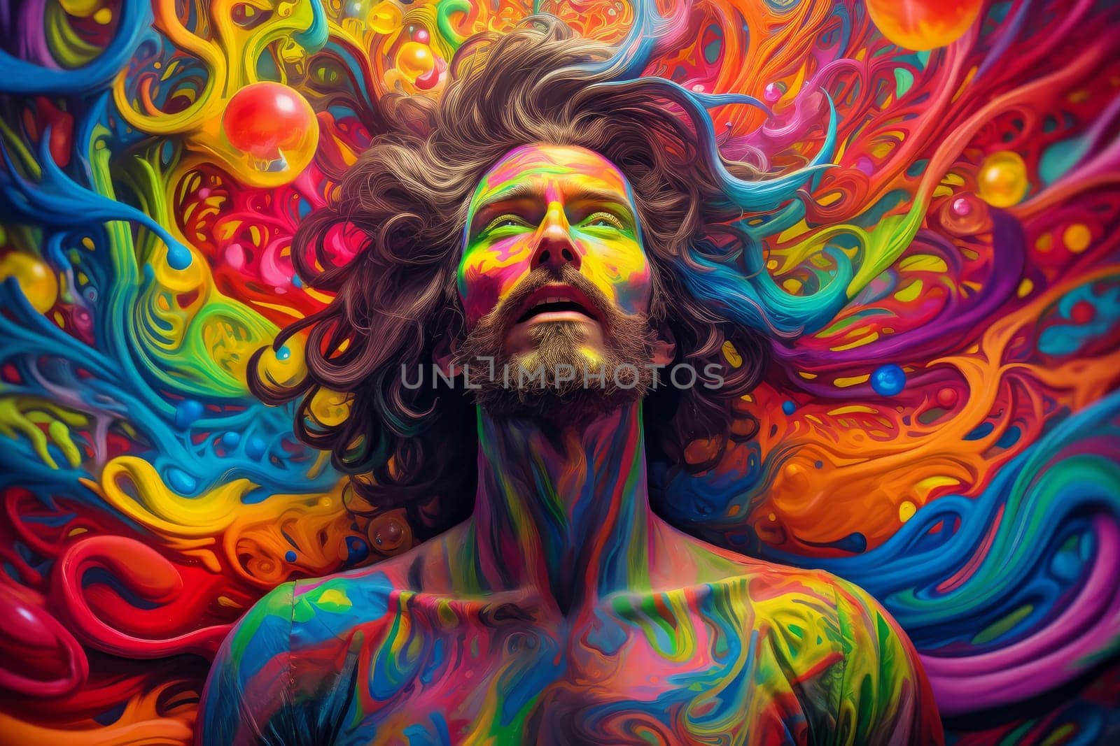 Creative Man colorful psychedelic colorful. Artwork poster. Generate Ai
