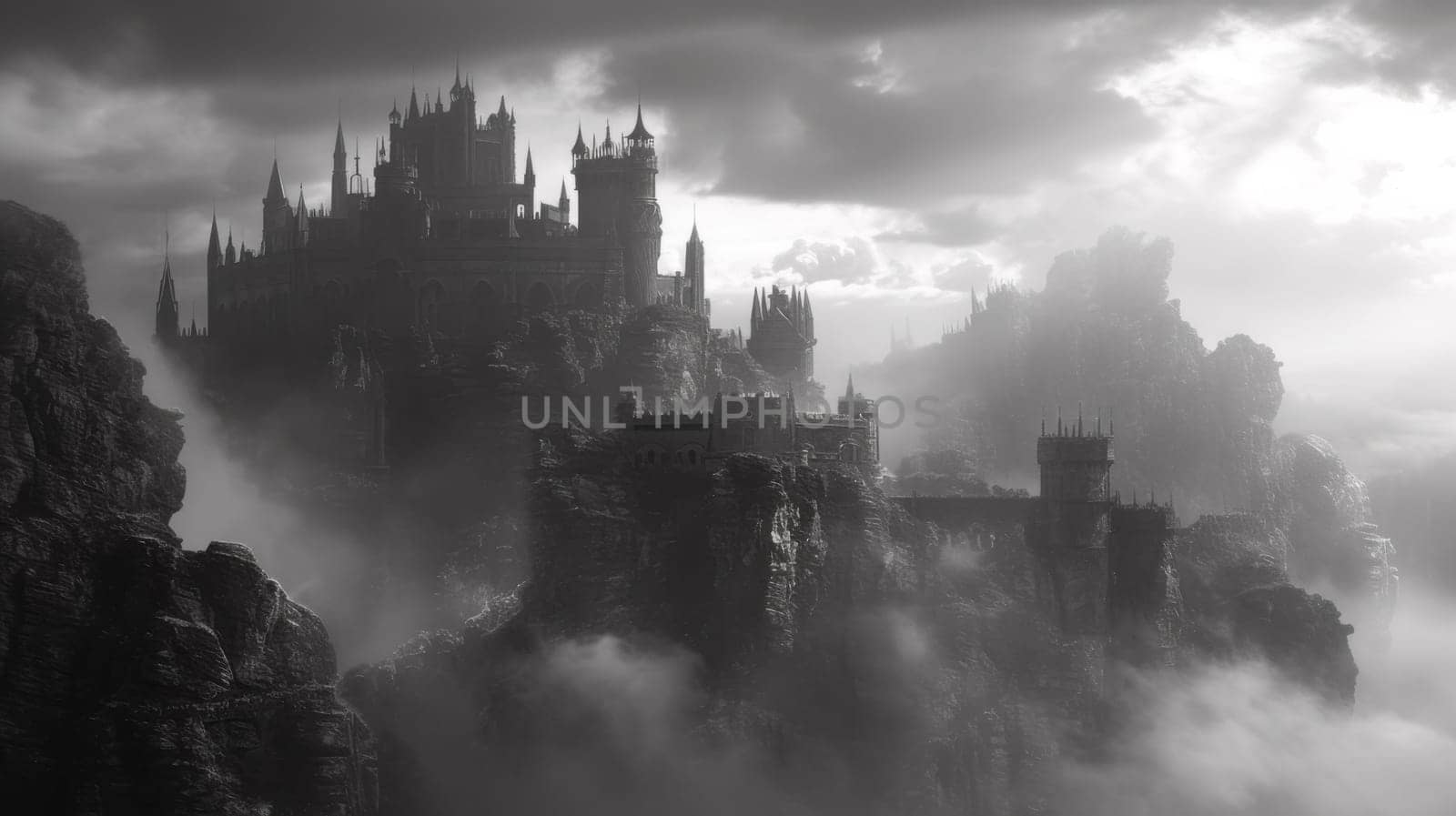 A castle is surrounded by fog and clouds in a black-and-white photo, AI by starush