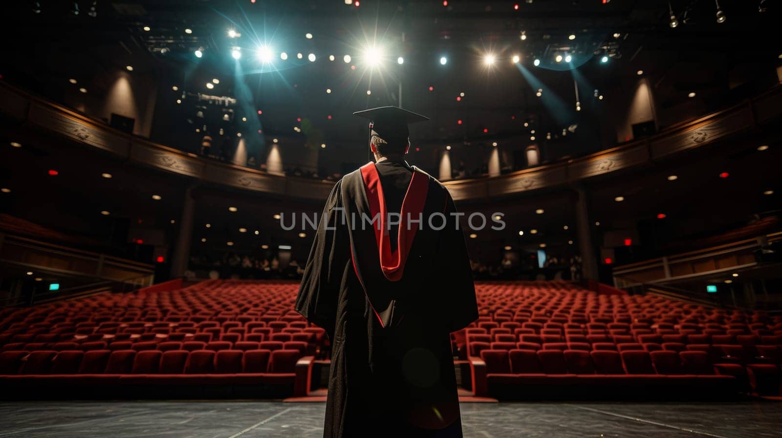 A man in a graduation gown standing on stage looking out at the audience