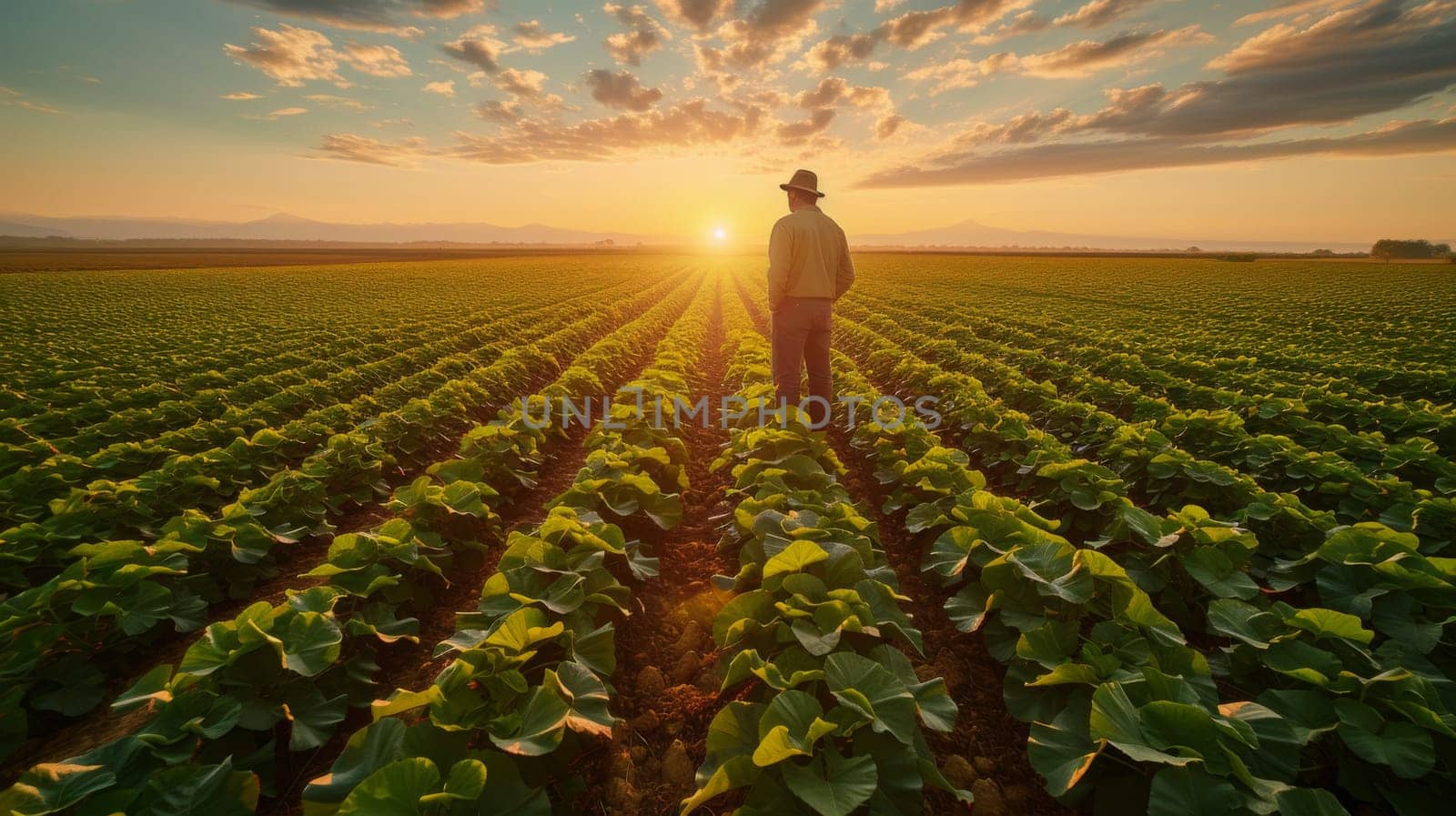 A man standing in a field of lettuce at sunset