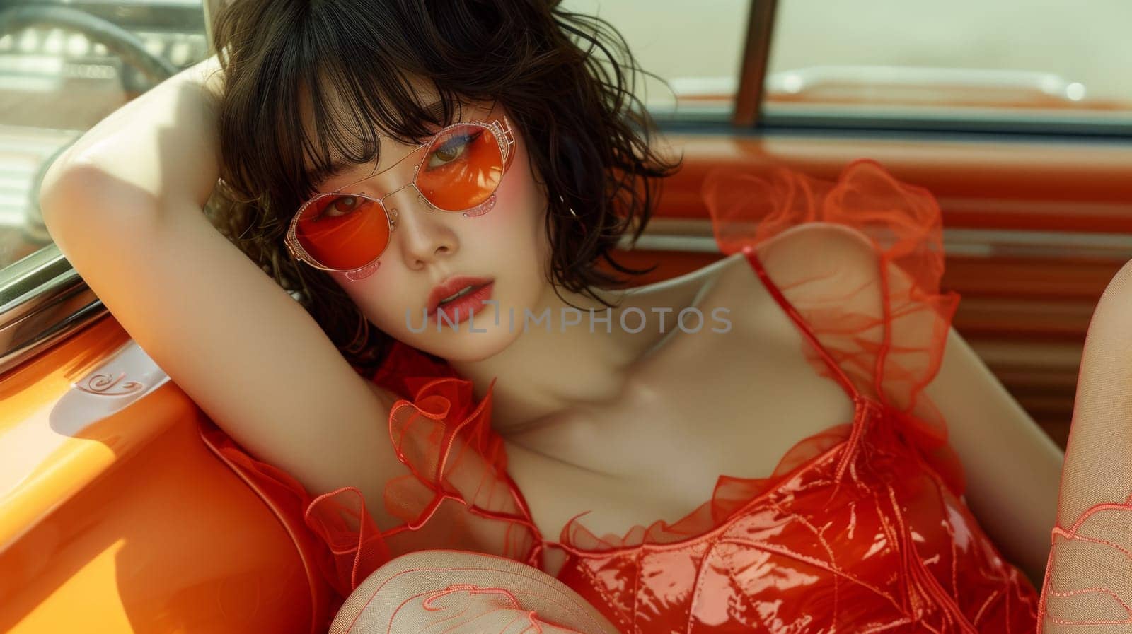 A woman in red dress and sunglasses laying on the back seat of a car, AI by starush