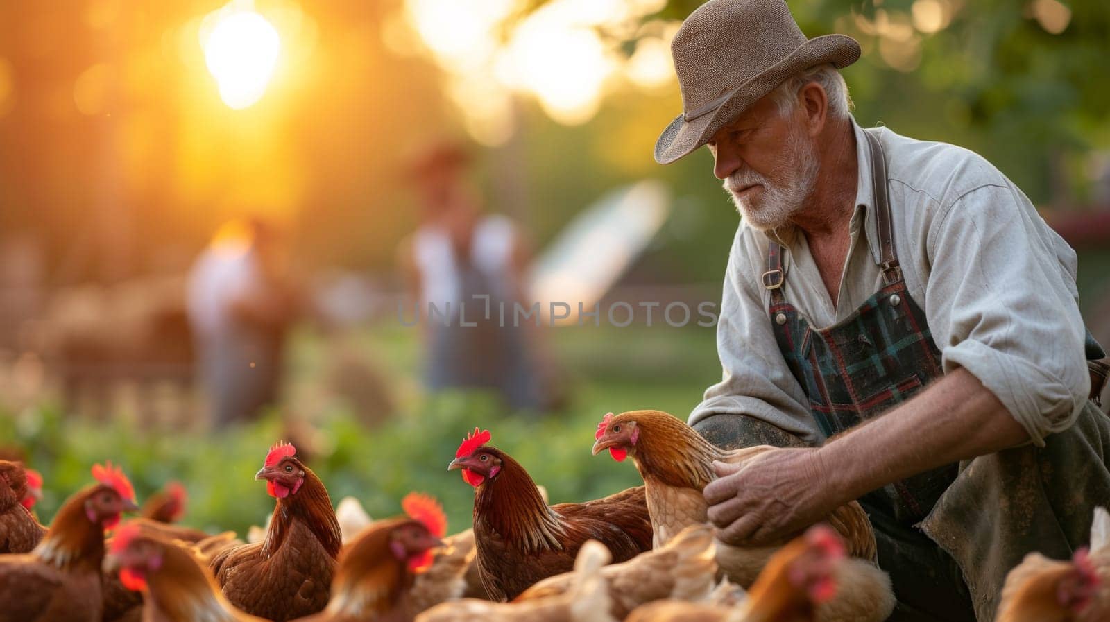 A man in hat and overalls tending to a flock of chickens