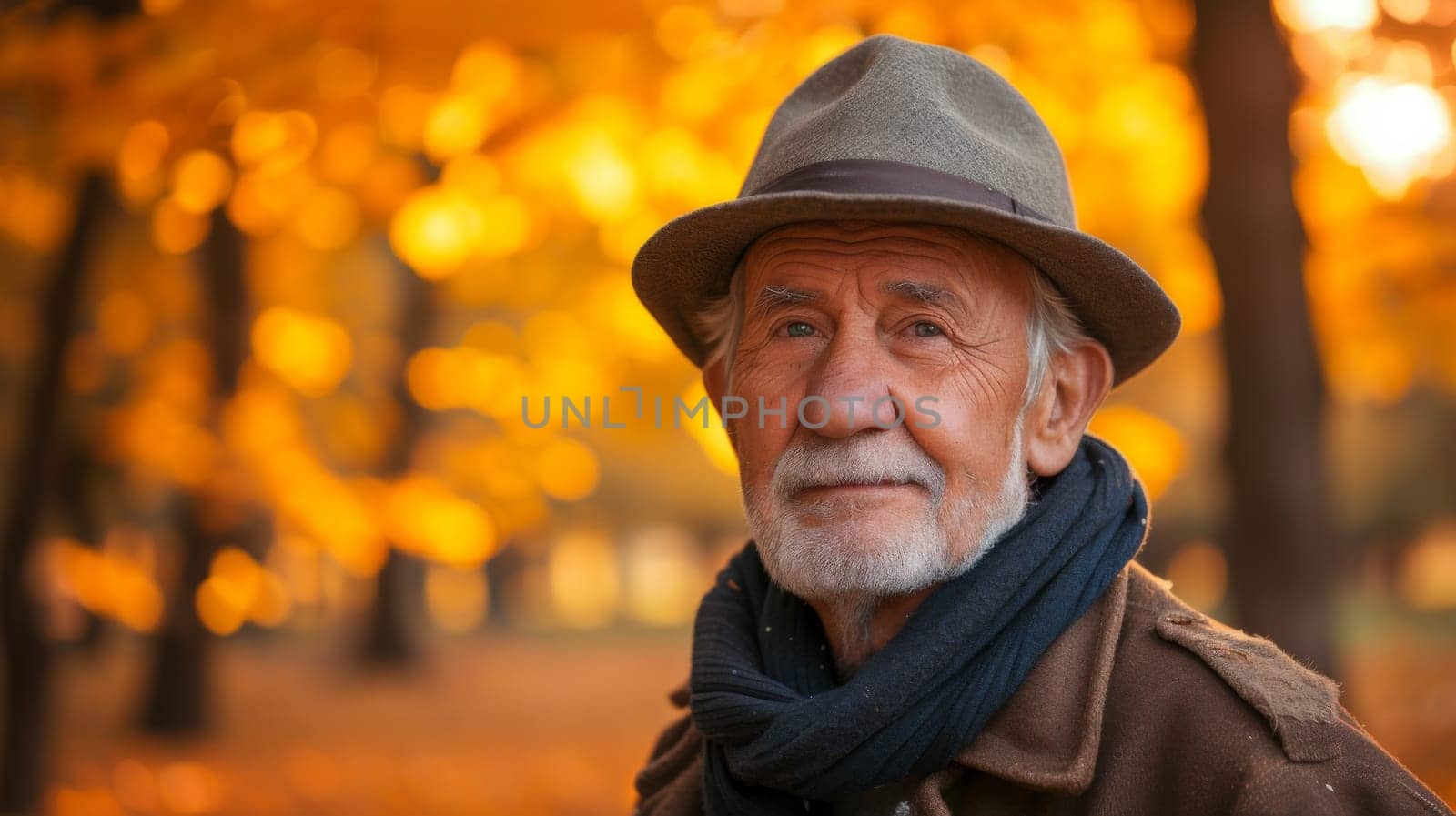 An older man wearing a hat and scarf in front of trees