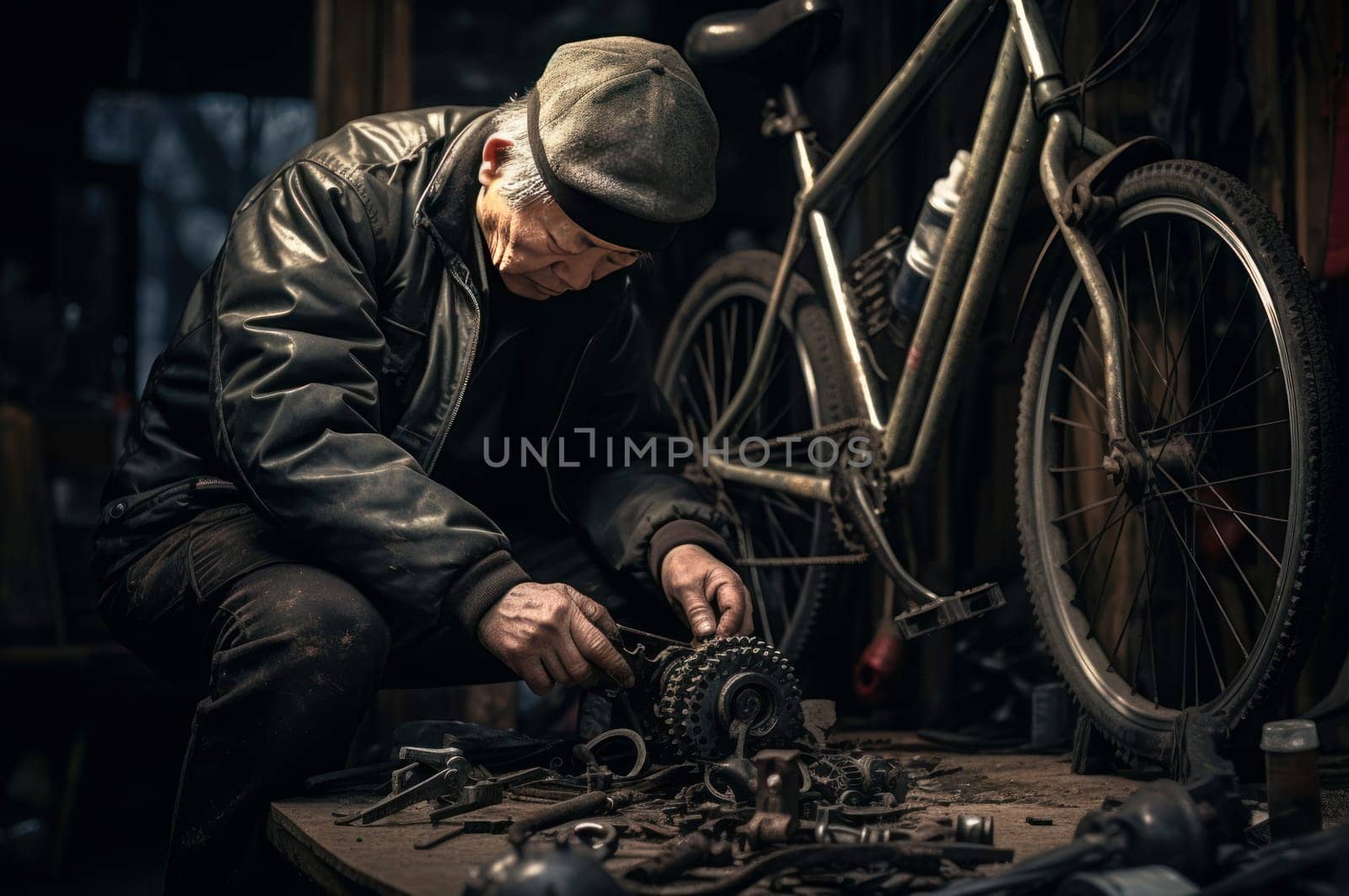 Senior man repair electric bike outdoor. Person one vehicle electrical. Generate Ai
