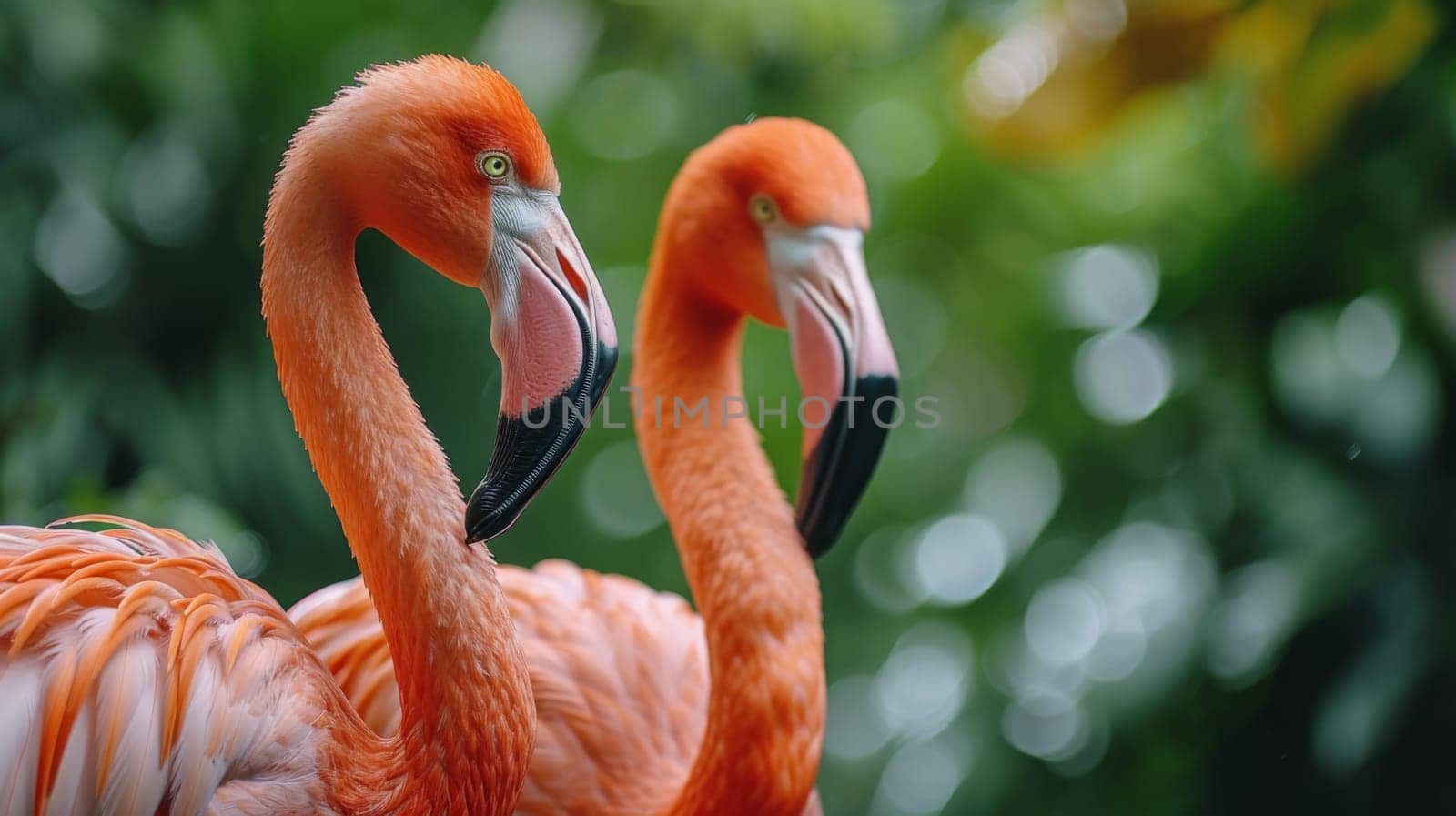 Two flamingos standing next to each other with their heads turned