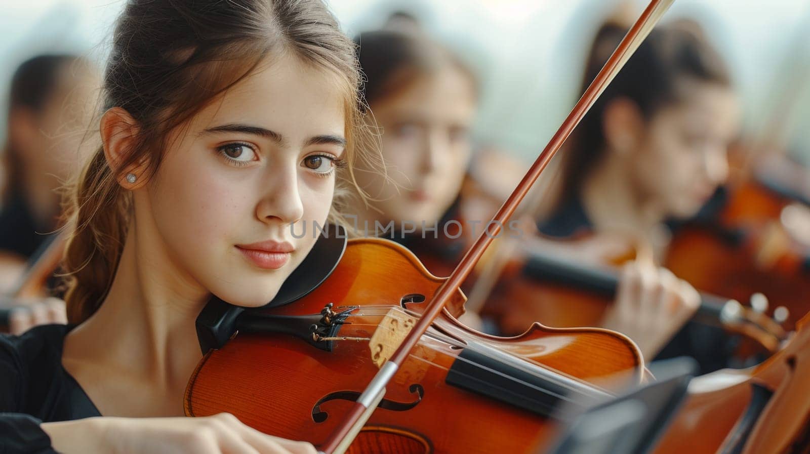 A young girl playing violin in a group of other girls, AI by starush