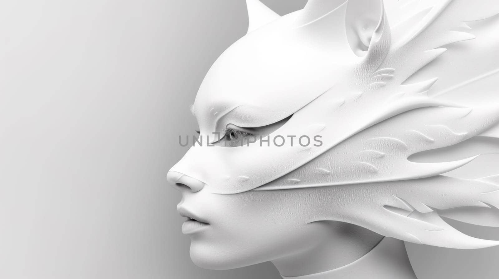 A 3d rendering of a white woman's face with wings, AI by starush