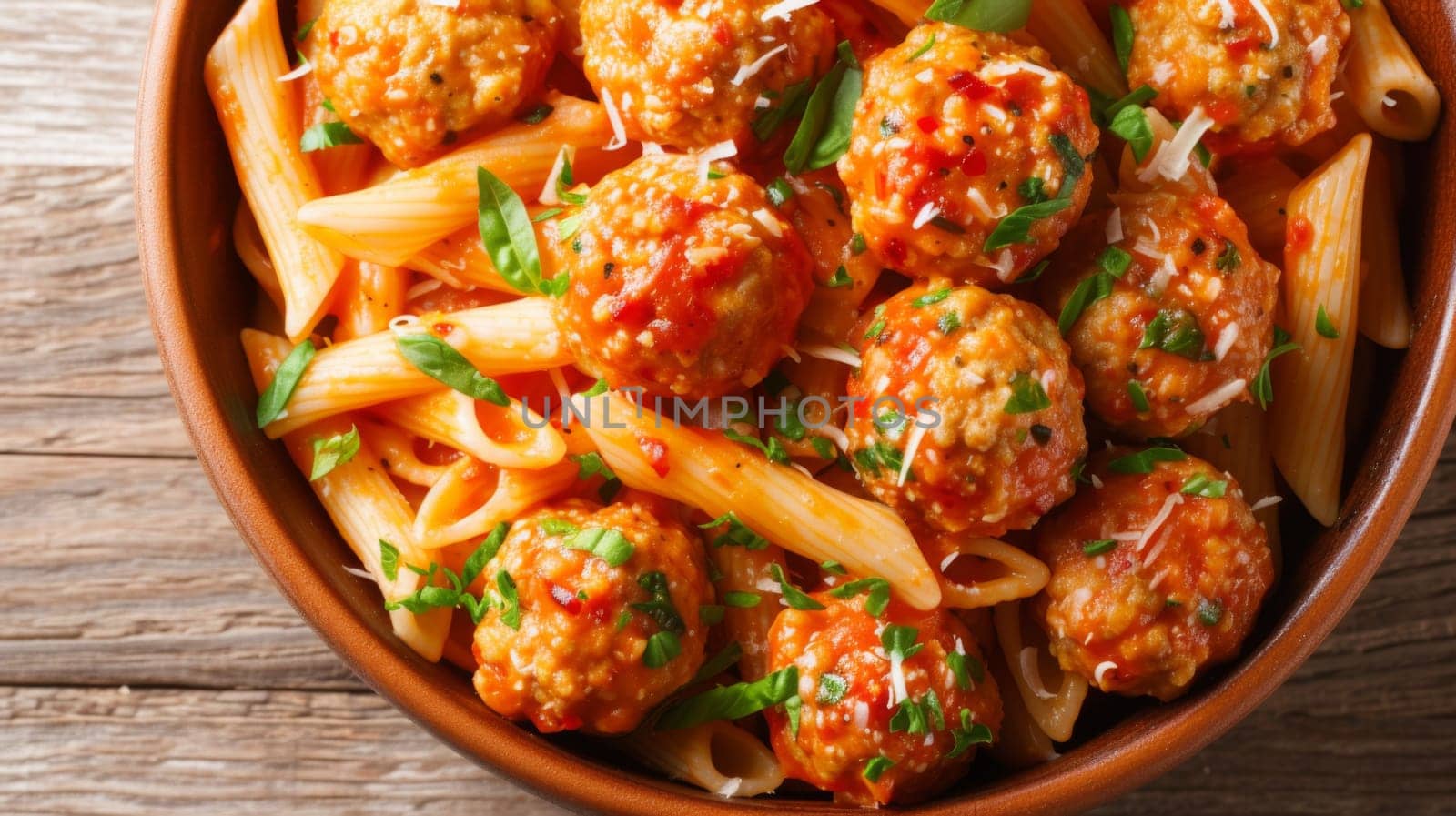 A bowl of pasta with meatballs and sauce in a brown dish