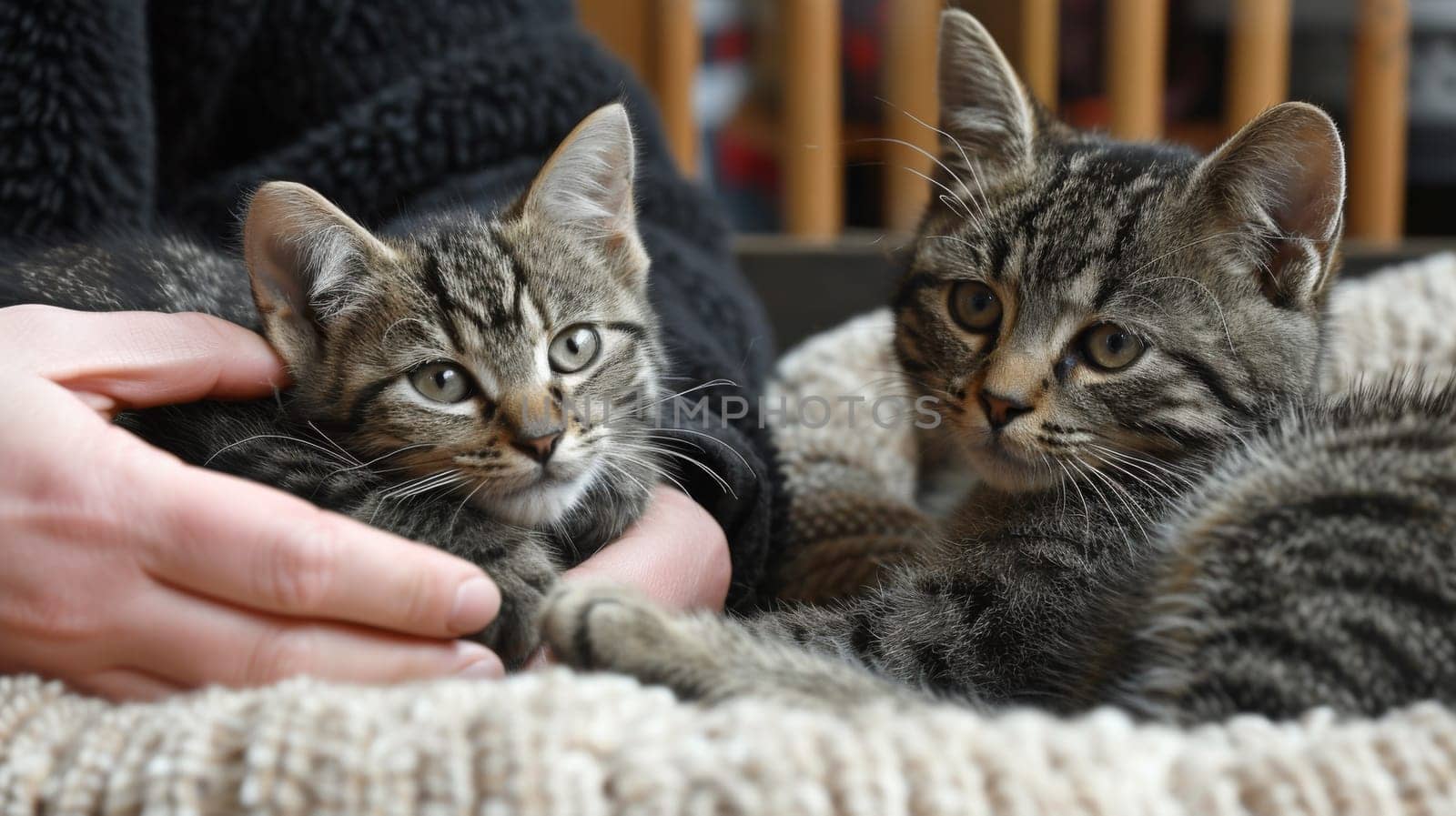 Two small gray and white striped kittens sitting on a blanket