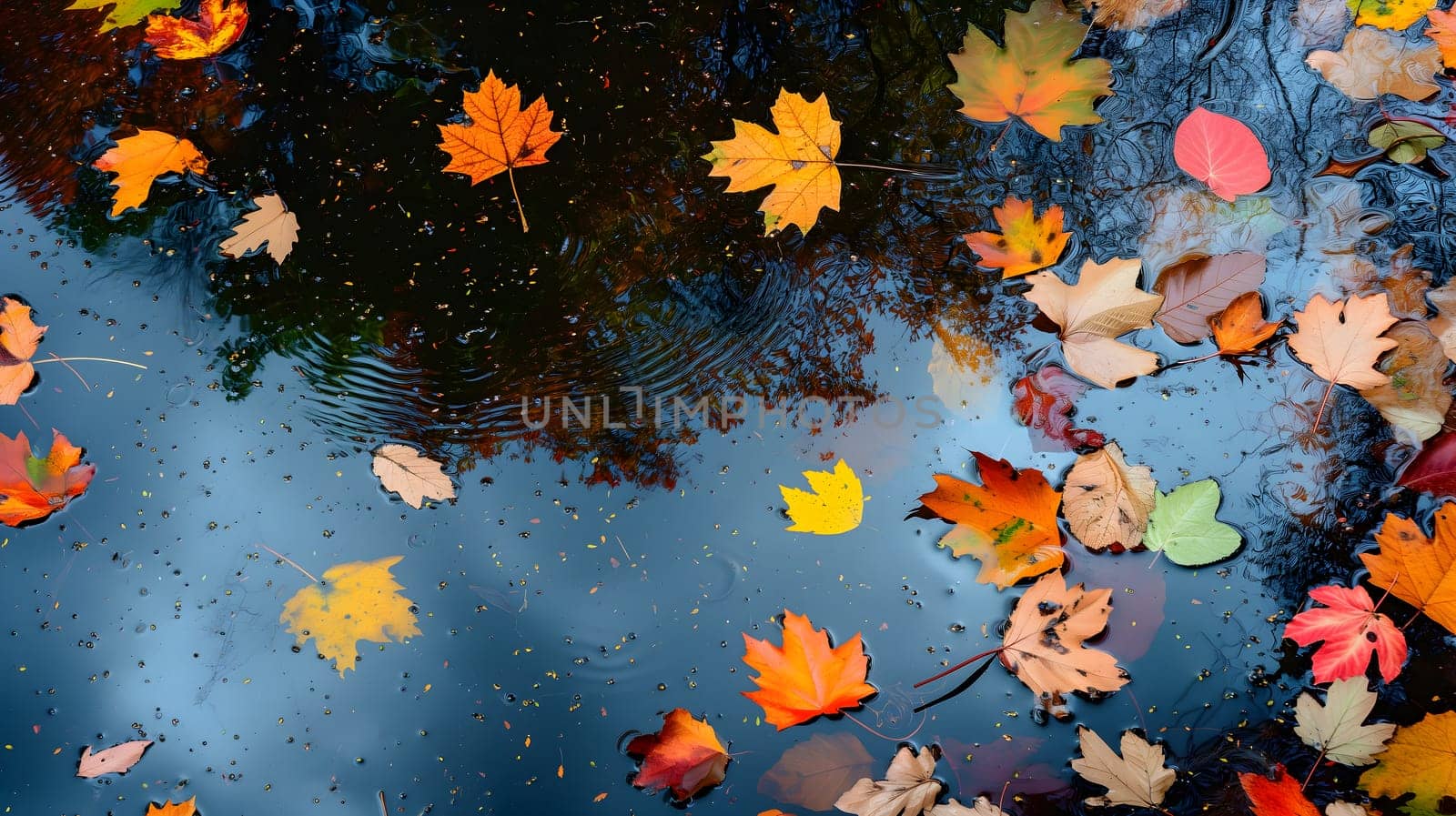 An abstract composition of colorful autumn leaves floating on a reflective water surface of a pond. Neural network generated image. Not based on any actual scene or pattern.