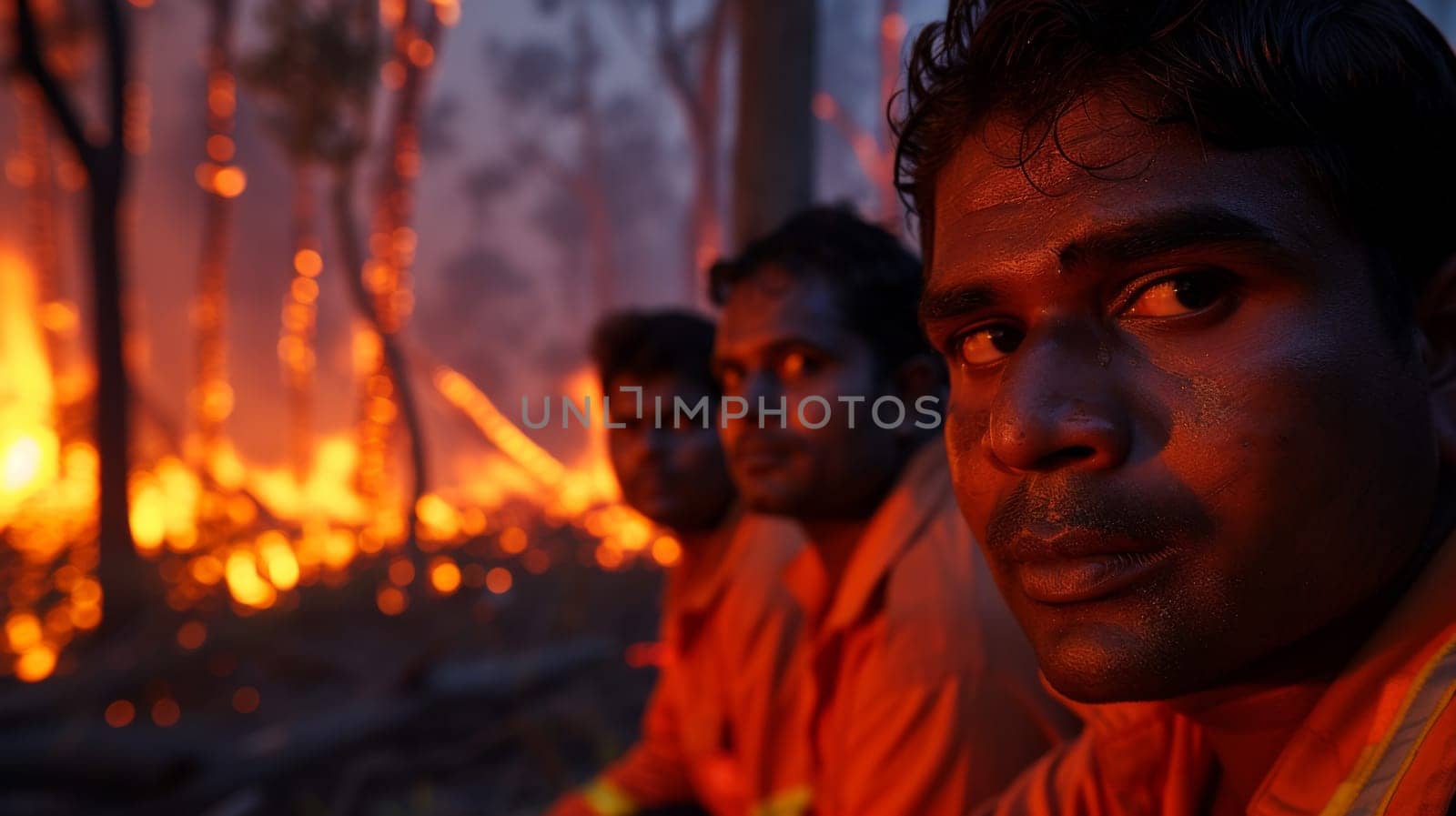 A group of men in orange shirts are looking at a fire, AI by starush