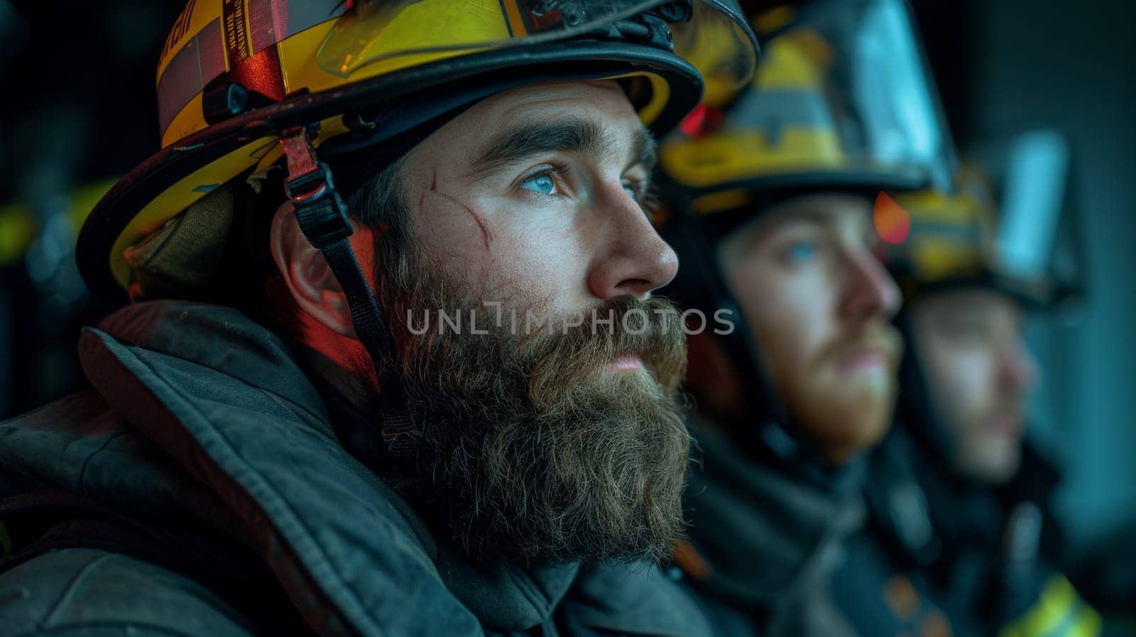 A group of three men wearing fire helmets and goggles, AI by starush