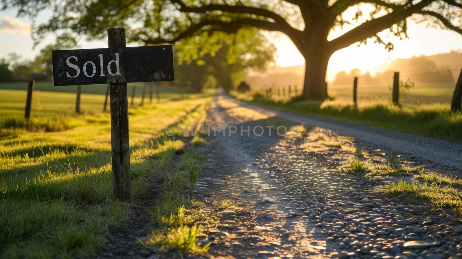 A sold sign on a dirt road next to grass and trees, AI by starush