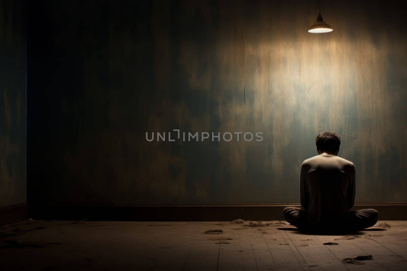 Lonely man sitting alone in front of the door. Home room by ylivdesign
