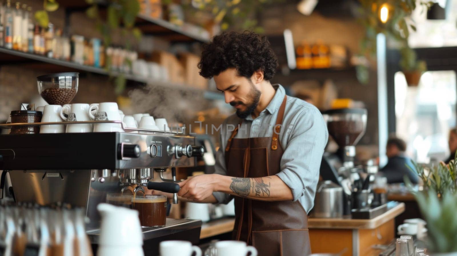 A man in a cafe making coffee with an espresso machine, AI by starush