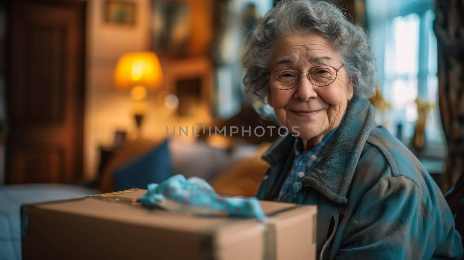 A woman in a blue jacket holding up a box