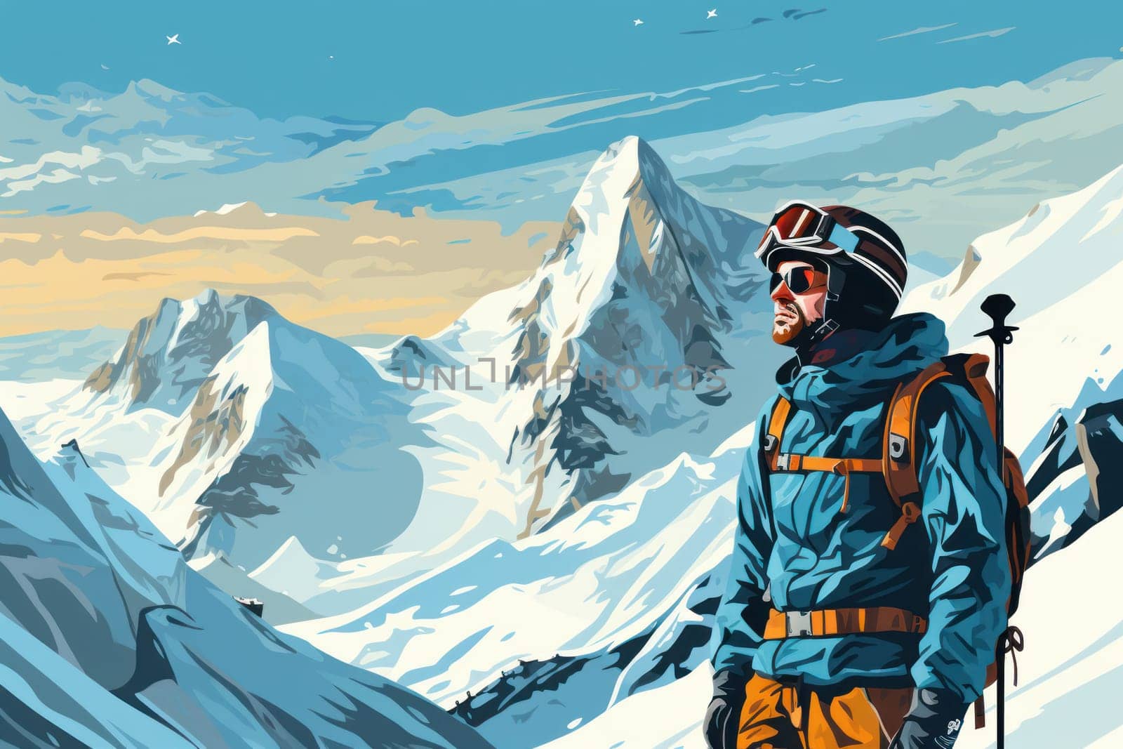 Scenic Person ski resort. Generate AI by ylivdesign