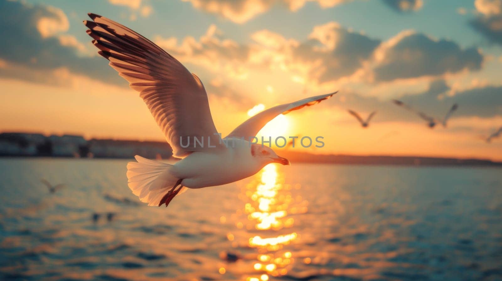 A bird flying over the water at sunset with a beautiful sky