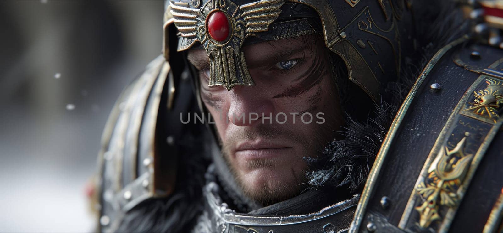 A close up of a man in armor with red eyes, AI by starush