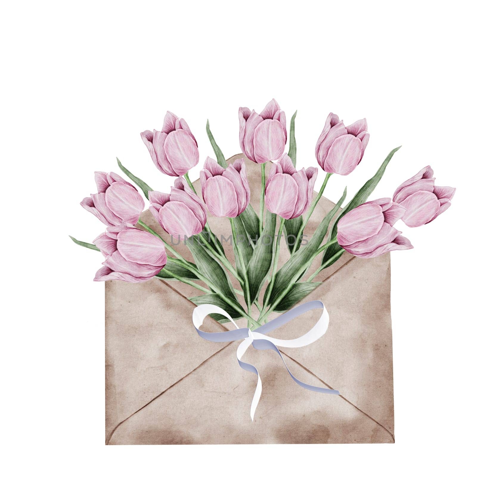 Tulips bouquet in an envelope watercolor drawing. Clip art of pink flowers placed in a paper bag. On a white isolated background. For designing cards for International Women's Day, Mother's Day and weddings. High quality photo