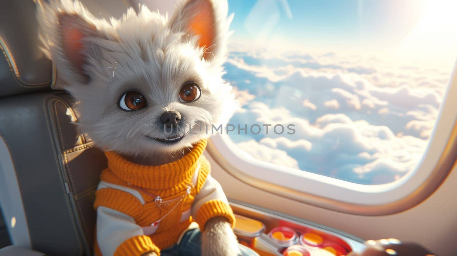 A small white dog sitting in a seat on an airplane