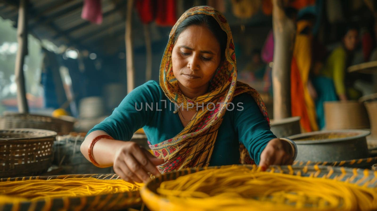 A woman in a blue shirt working on baskets of yarn, AI by starush