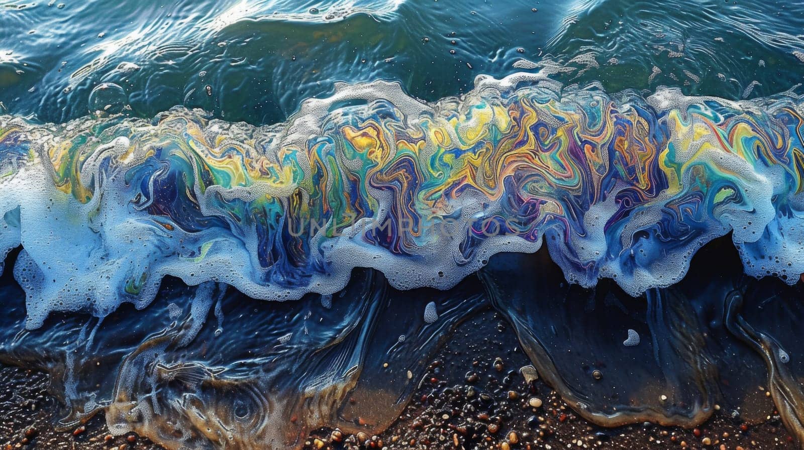 A close up of a wave crashing into the shore with colorful foam