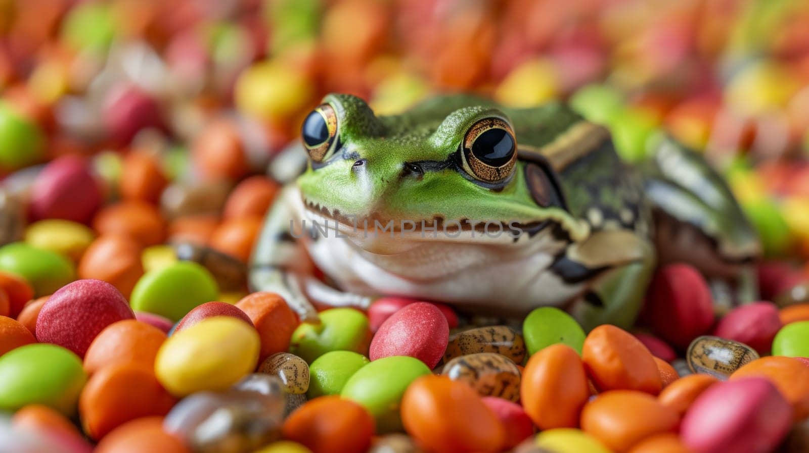 A frog sitting on a pile of candy beans and other candies, AI by starush