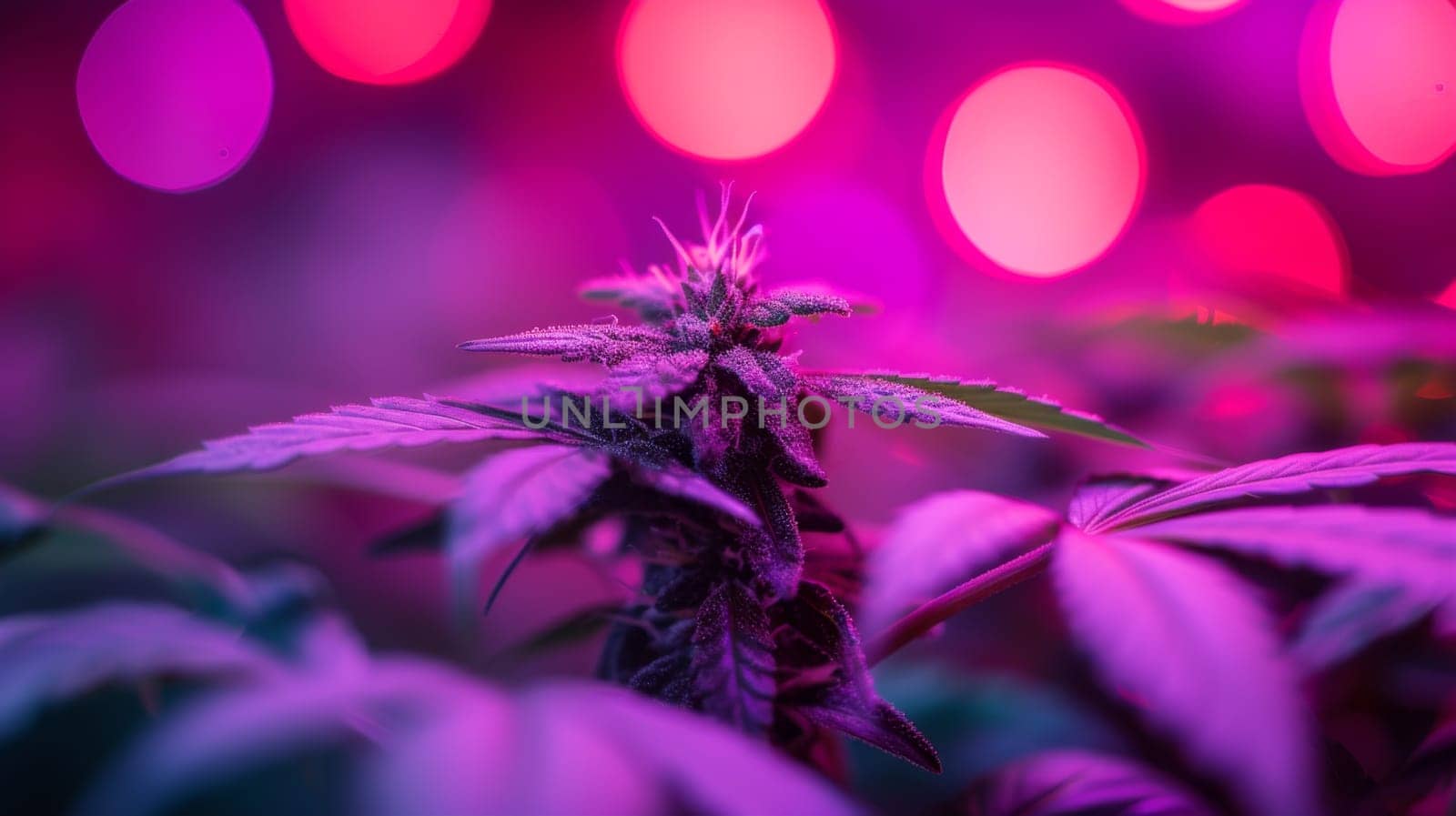 A close up of a marijuana plant with pink lights in the background