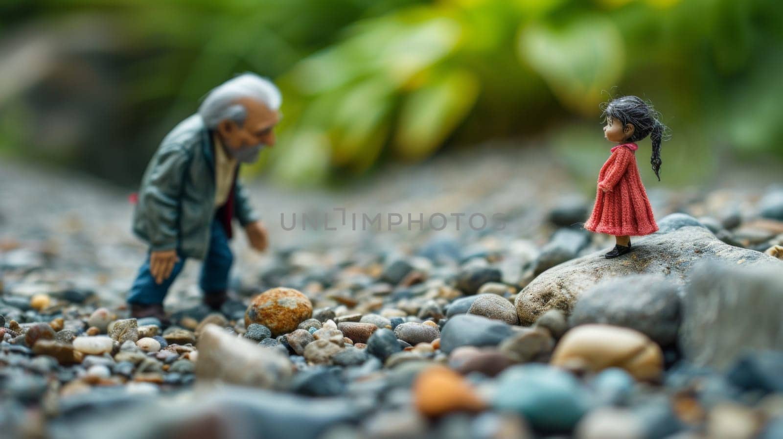 A miniature figurine of a girl standing on top of rocks