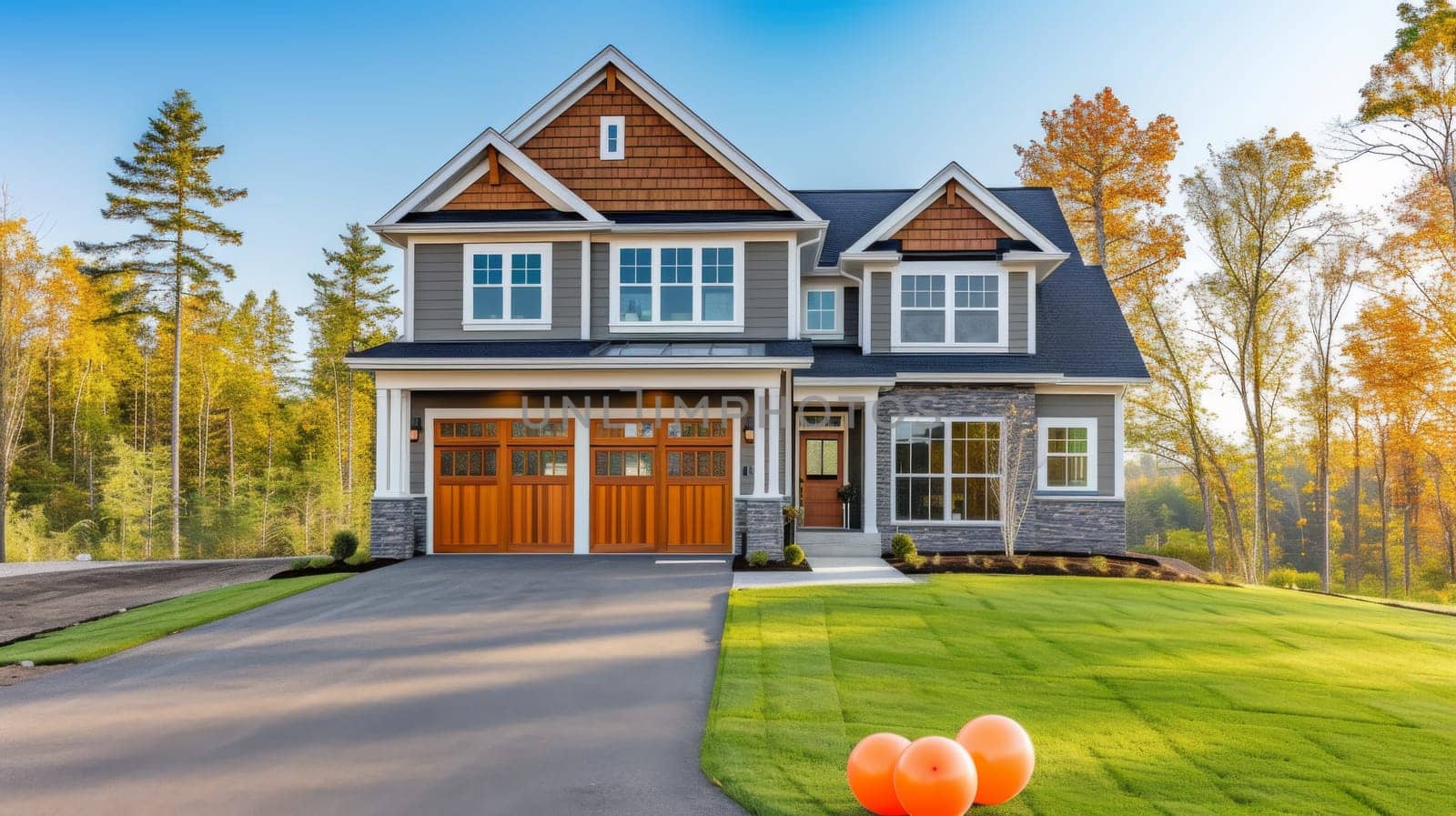 A house with a driveway and two orange balls in front of it