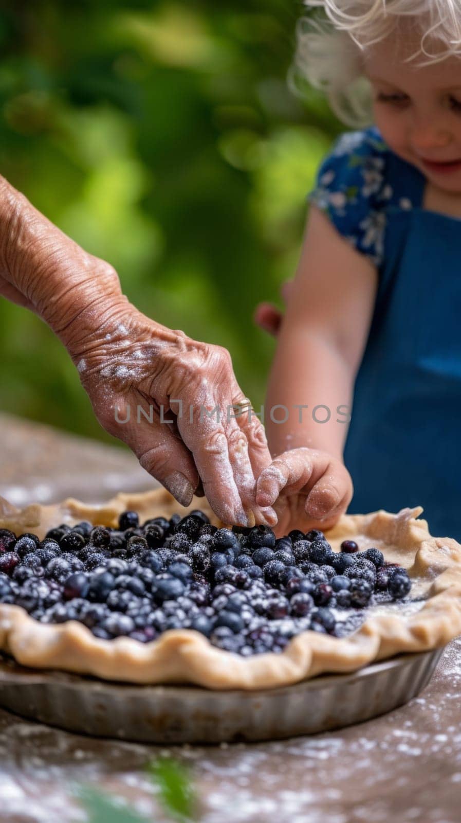 A person is touching a blueberry pie with their hands