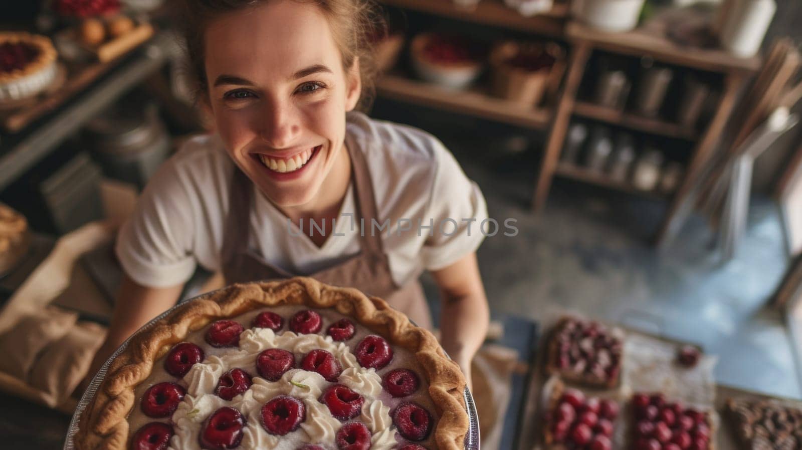 A woman holding a pie with whipped cream and cherries