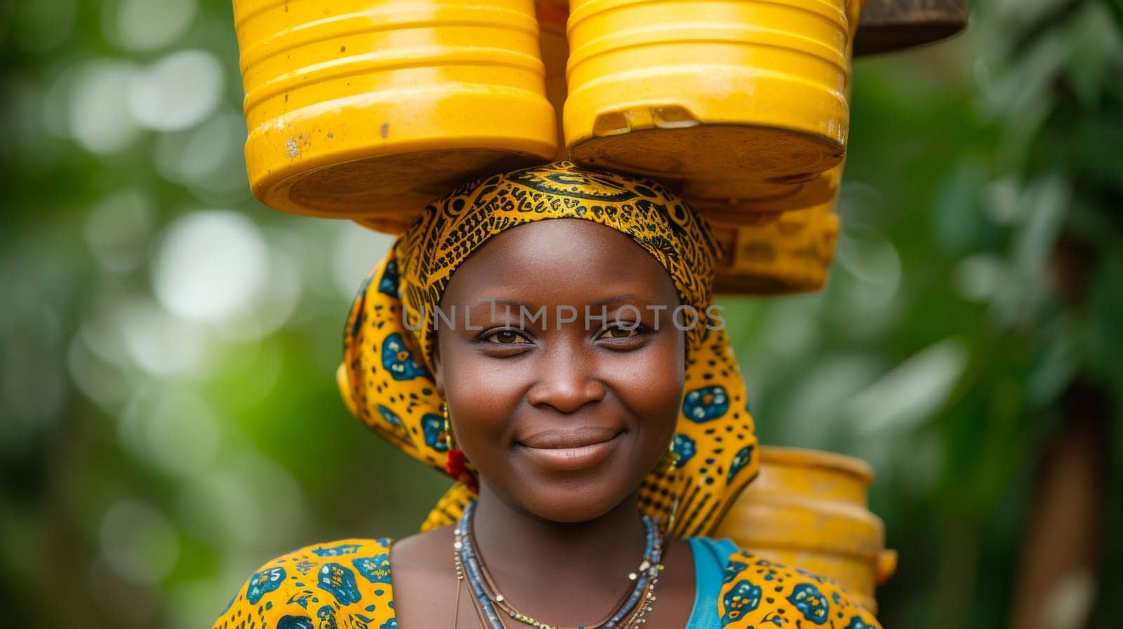 A woman with a yellow headband on her forehead carrying buckets of water