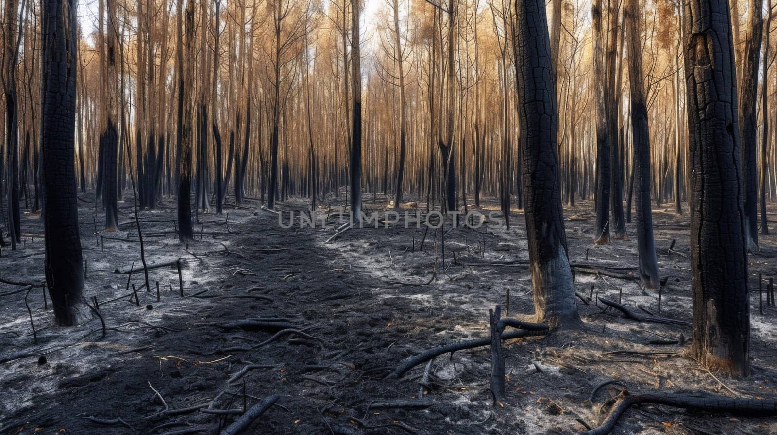 A forest with trees that have been burned and are bare, AI by starush