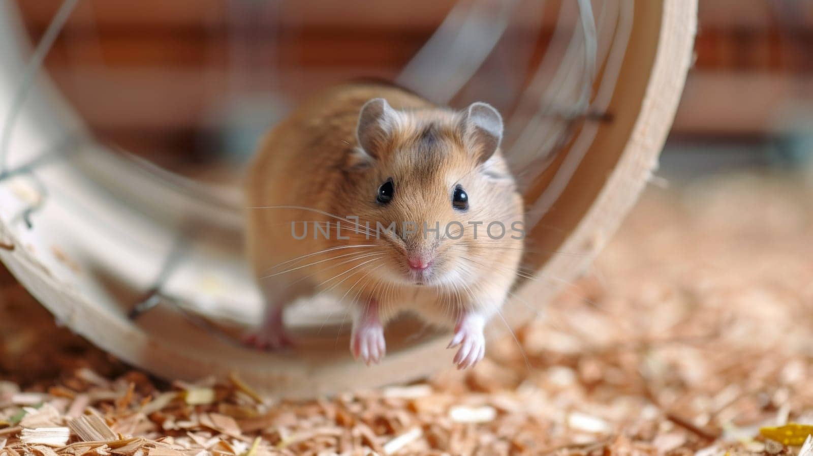 A hamster is running through a wooden wheel on the ground, AI by starush