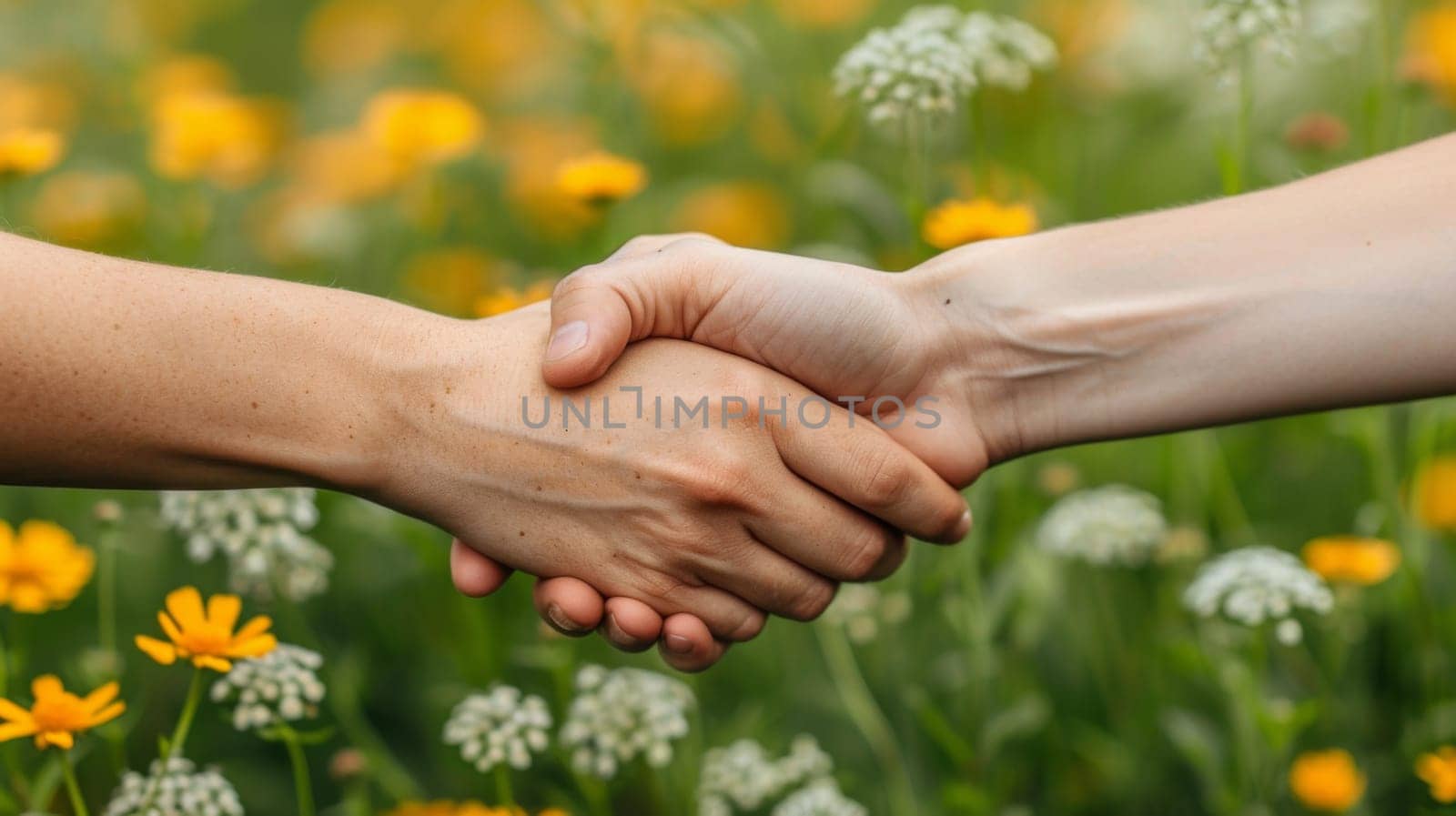 Two people shaking hands in a field of yellow flowers