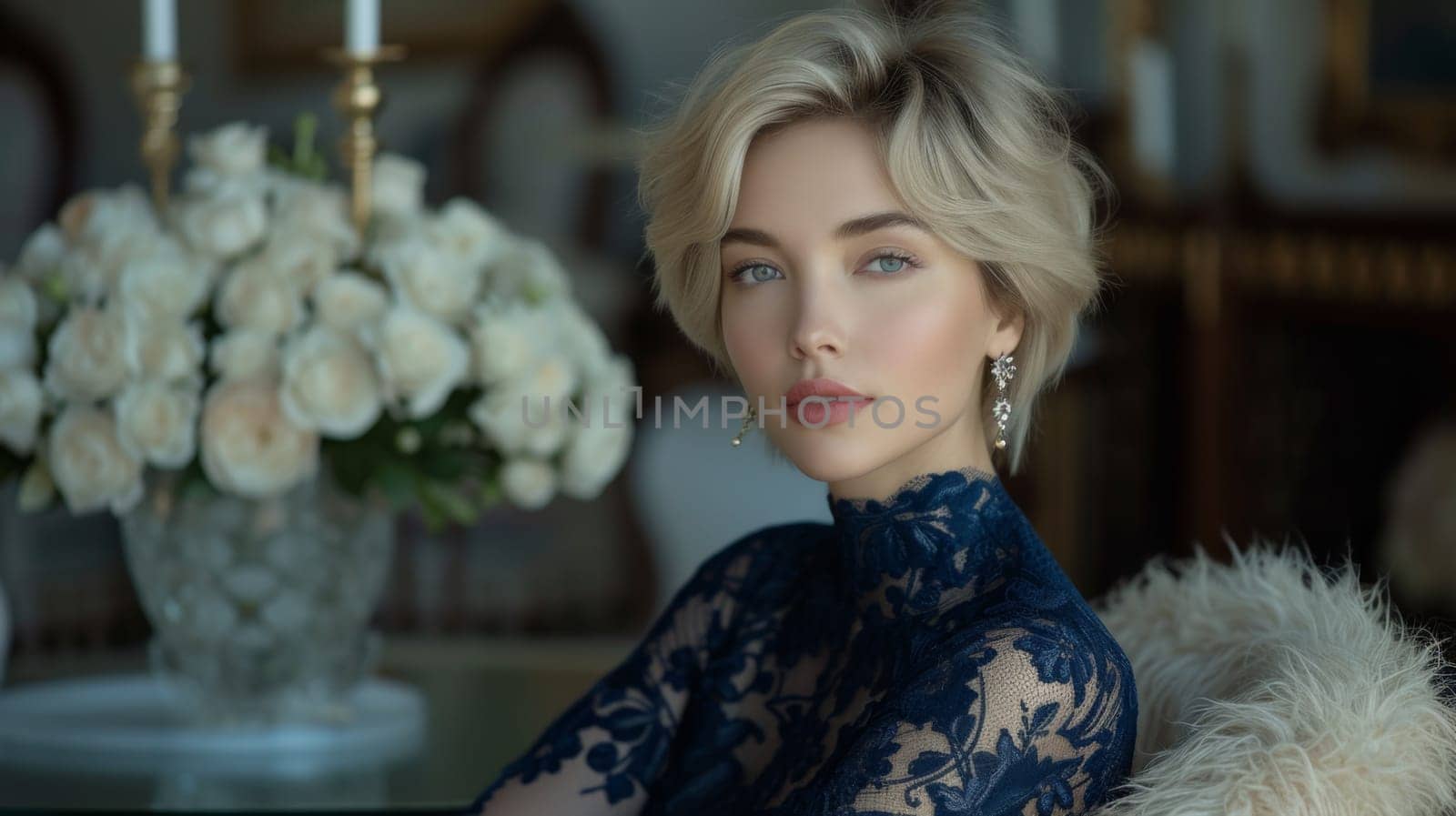 A woman in a blue dress sitting next to some flowers