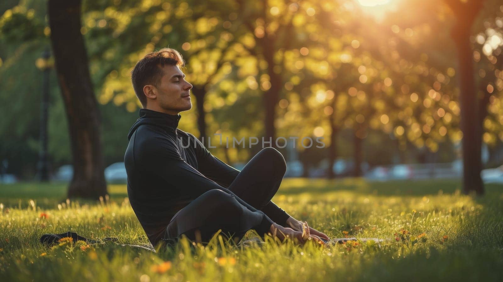 A man sitting on the grass in a park with trees behind him, AI by starush
