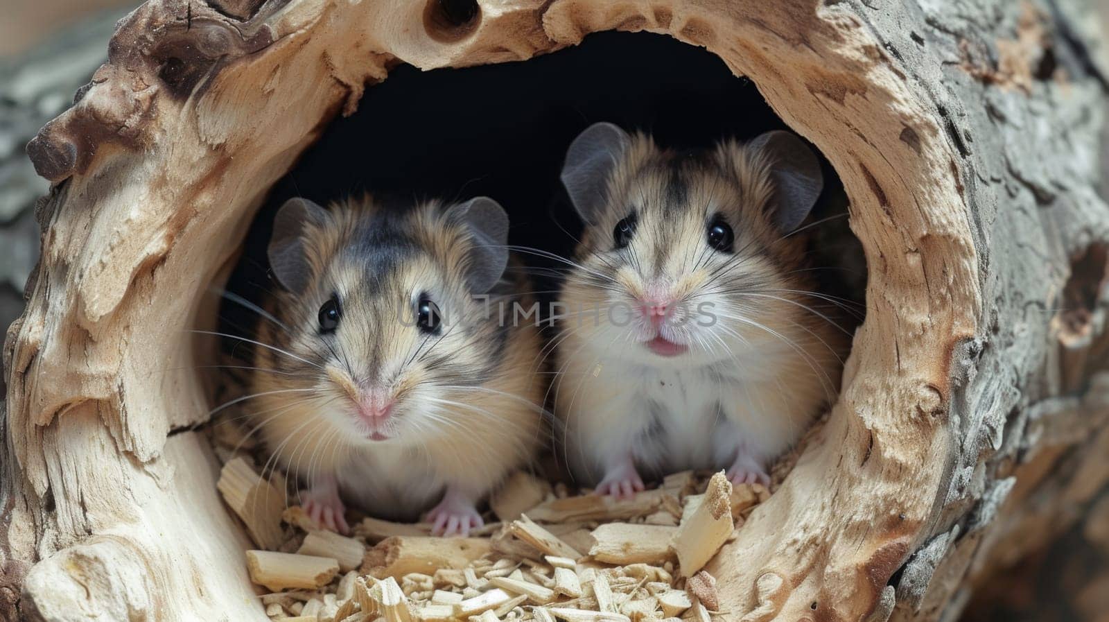 Two small rodents are sitting in a hollow log