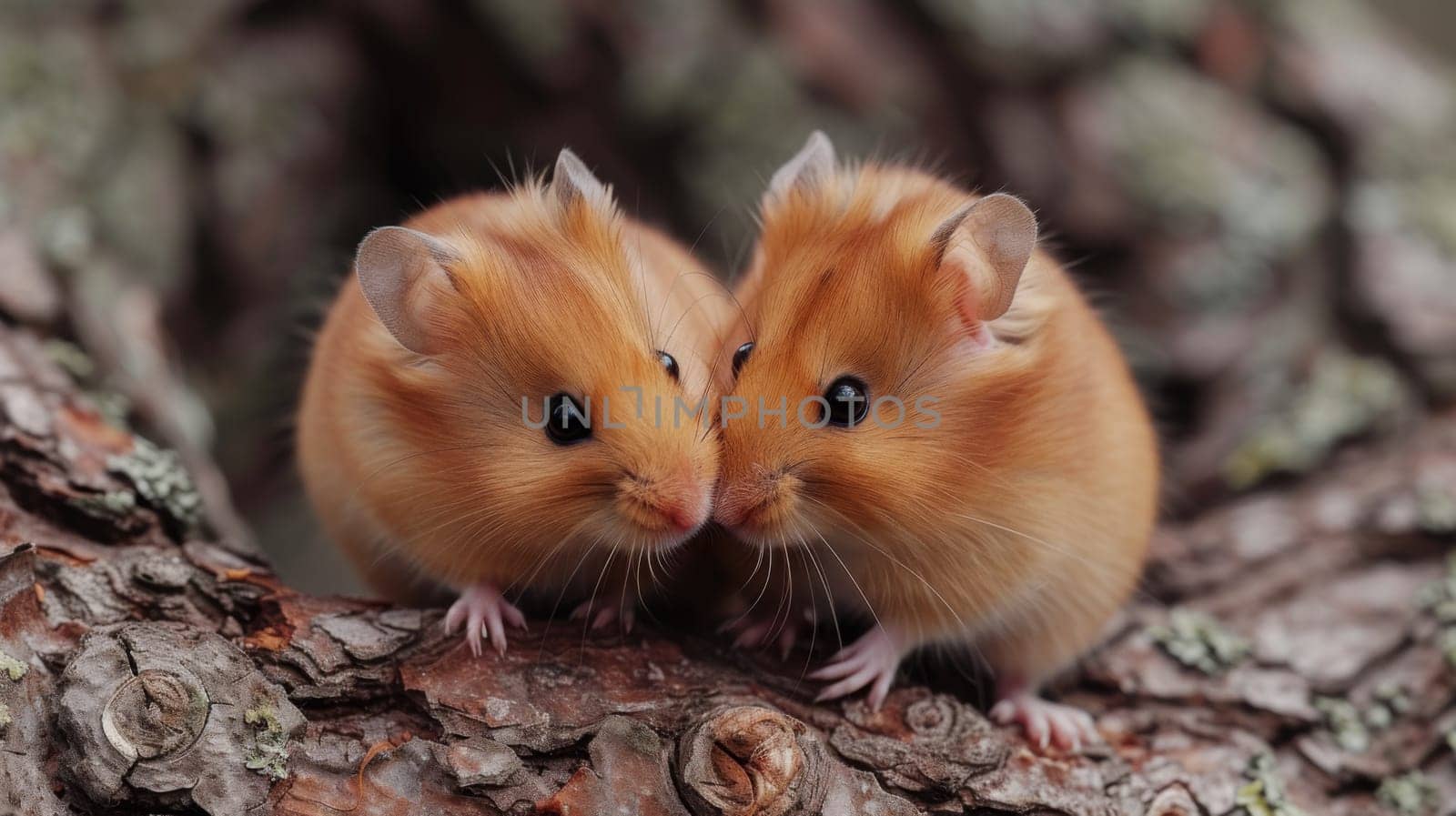 Two small brown and white mice are sitting on a tree branch, AI by starush