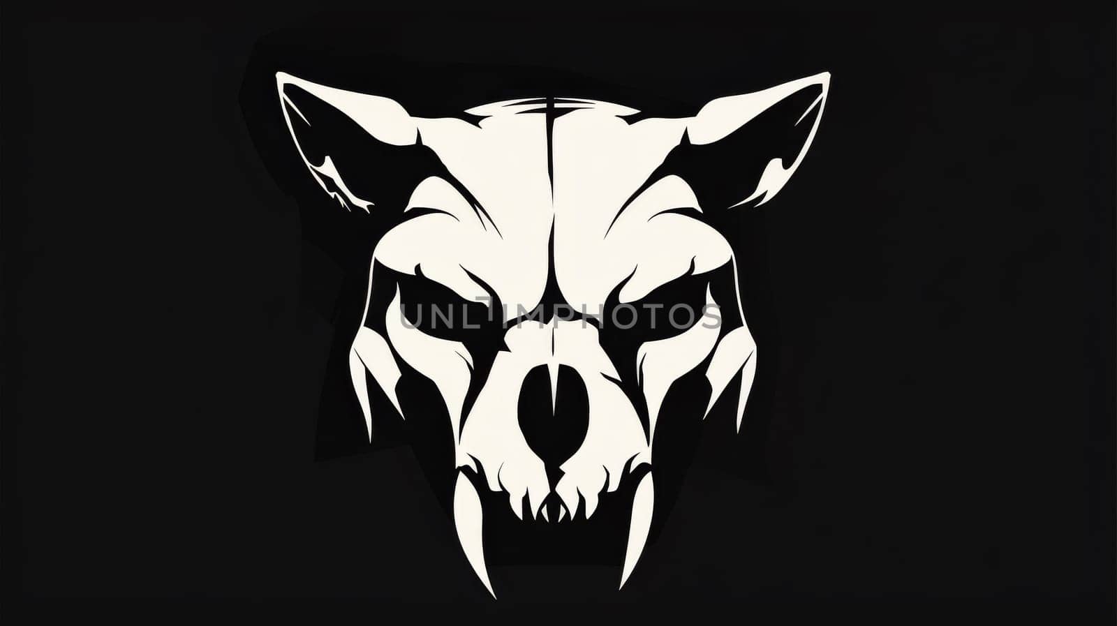 A wolf head with fangs and a black background