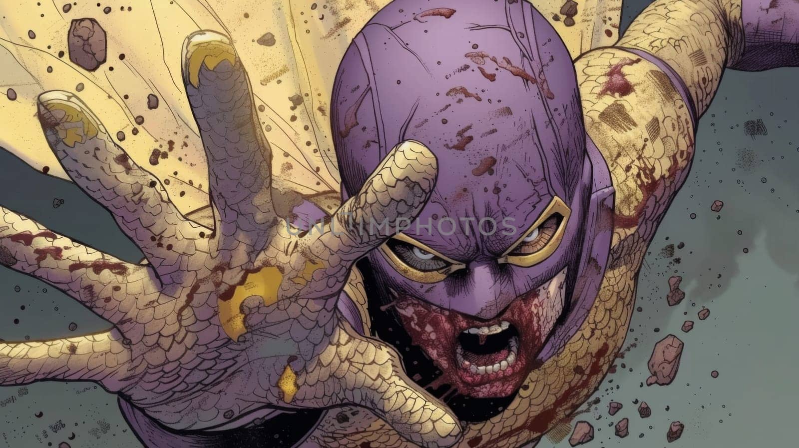 A comic book character with a purple suit and yellow gloves