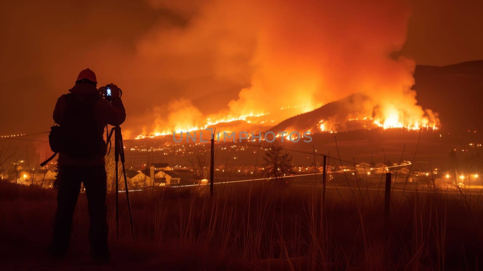 A man taking a picture of the fire from his home