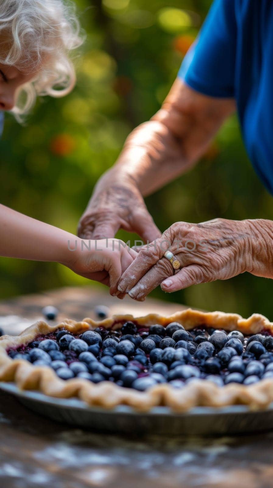 A person helping another to reach into a pie with blueberries, AI by starush