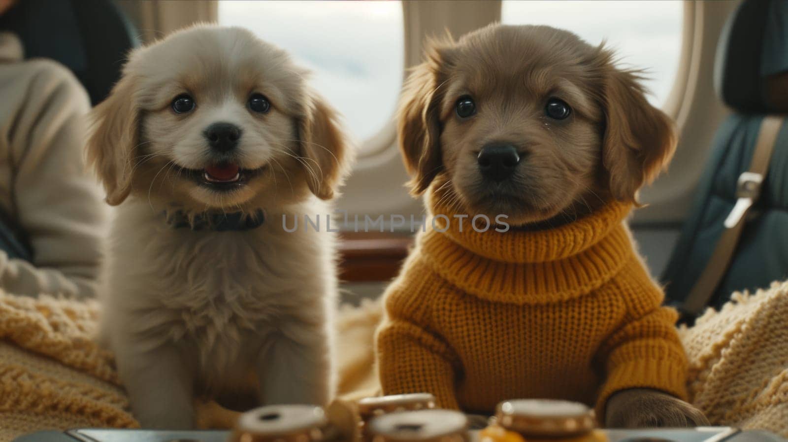 Two dogs in sweaters sitting on a plane next to some food