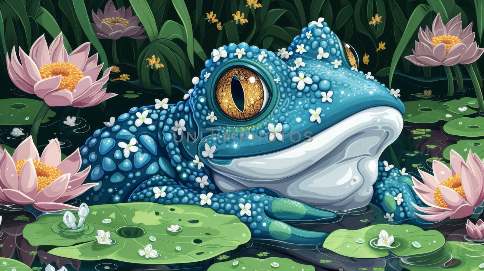 A blue frog sitting in a pond surrounded by lily pads, AI by starush