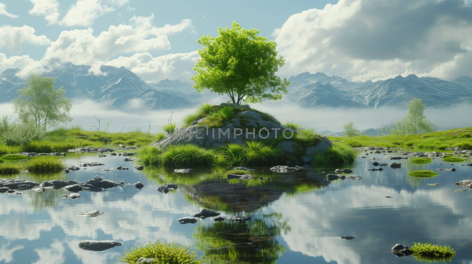 A small tree on a rock in the middle of water